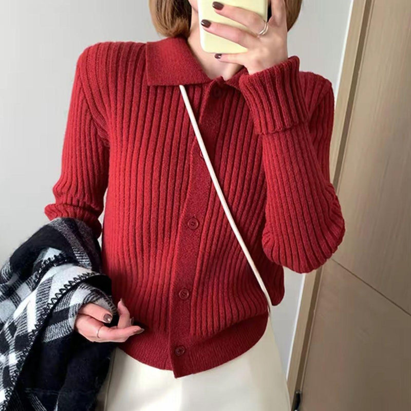 Cardigan tricoté pour femme à revers, élégant et tendance, de couleur rouge