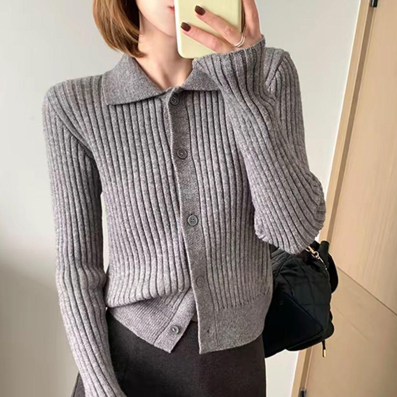 Cardigan tricoté pour femme à revers, élégant et tendance, de couleur rouge